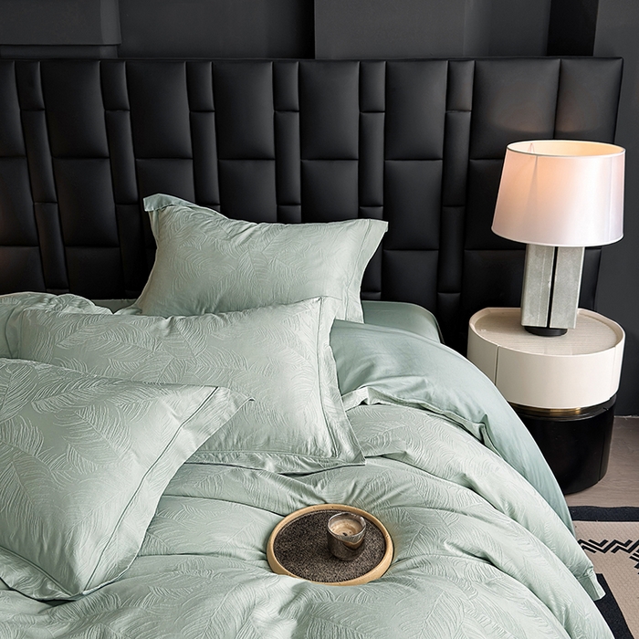 91家纺网 家纺一手货源 找家纺 宏羽纺家纺 2026新款100S长绒棉浮雕提花居家四件套 叶纷-喜绿