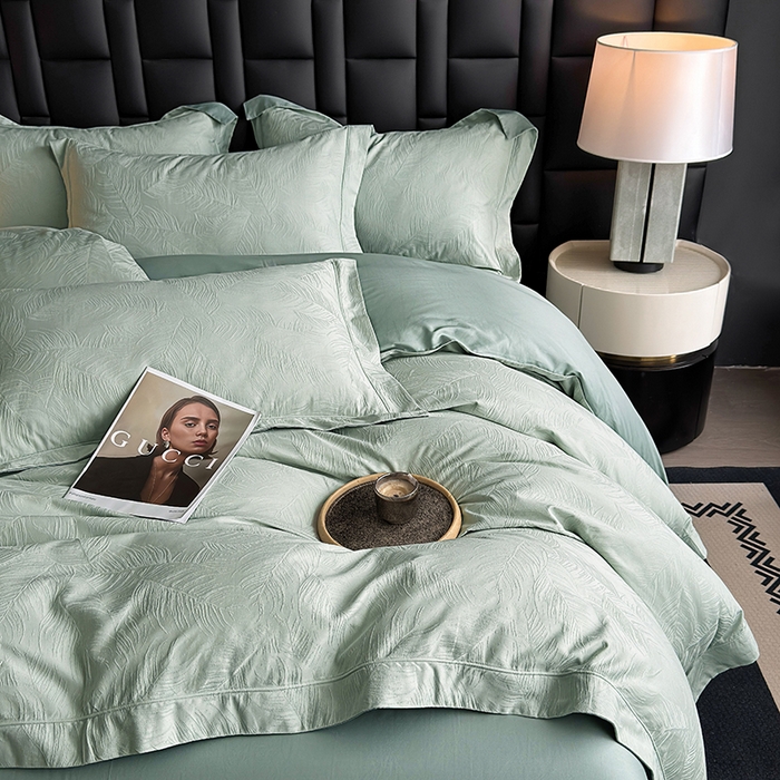 91家纺网 家纺一手货源 找家纺 宏羽纺家纺 2026新款100S长绒棉浮雕提花居家四件套 叶纷-喜绿