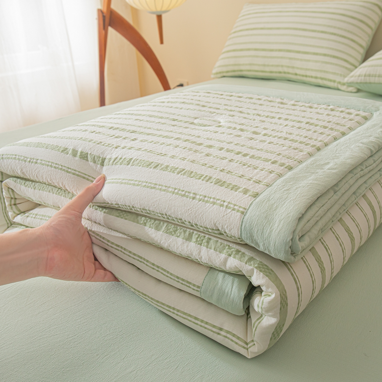 91家纺网 家纺一手货源 找家纺 江暮云家纺 2026新款色织提花新疆棉花夏被空调被 织韵-绿