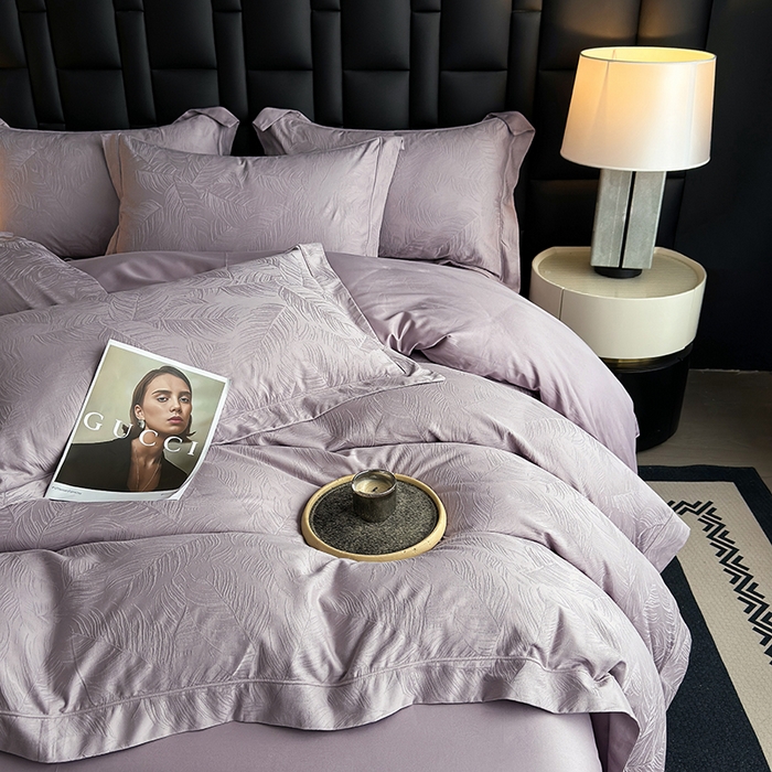 91家纺网 家纺一手货源 找家纺 宏羽纺家纺 2026新款100S长绒棉浮雕提花居家四件套 叶纷-香芋紫