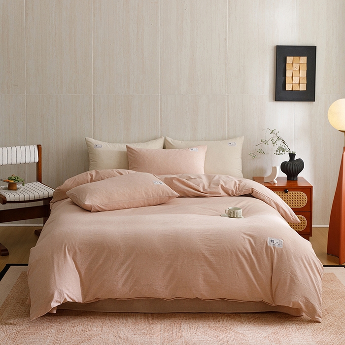 91家纺网 家纺一手货源 找家纺 悦然毛巾被 2026春夏新款A类全棉棉麻纯色四件套-山月素系列 山月素麻豆沙