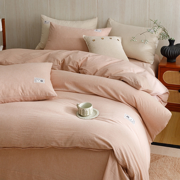 91家纺网 家纺一手货源 找家纺 悦然毛巾被 2026春夏新款A类全棉棉麻纯色四件套-山月素系列 山月素麻豆沙