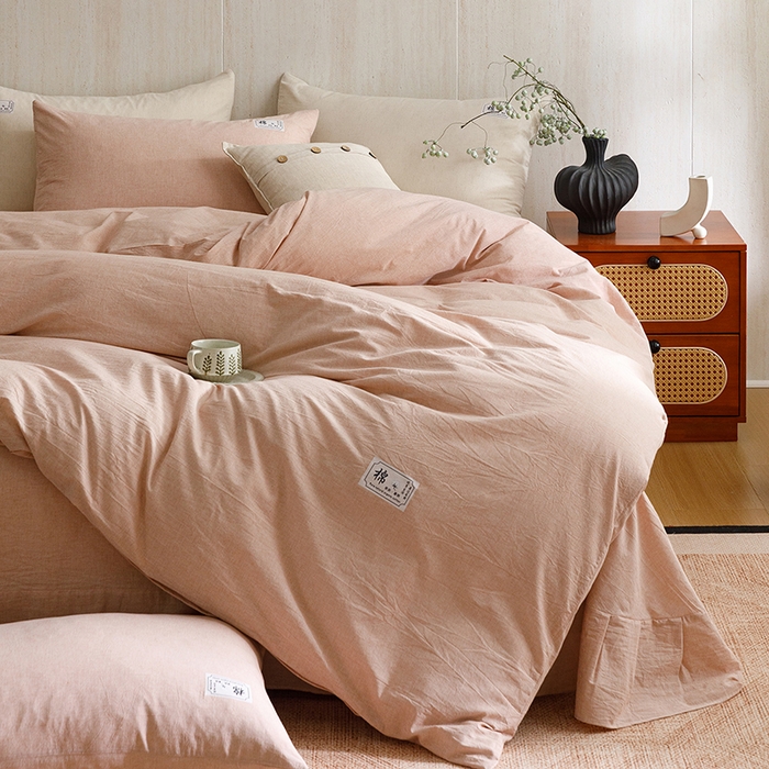 91家纺网 家纺一手货源 找家纺 悦然毛巾被 2026春夏新款A类全棉棉麻纯色四件套-山月素系列 山月素麻豆沙