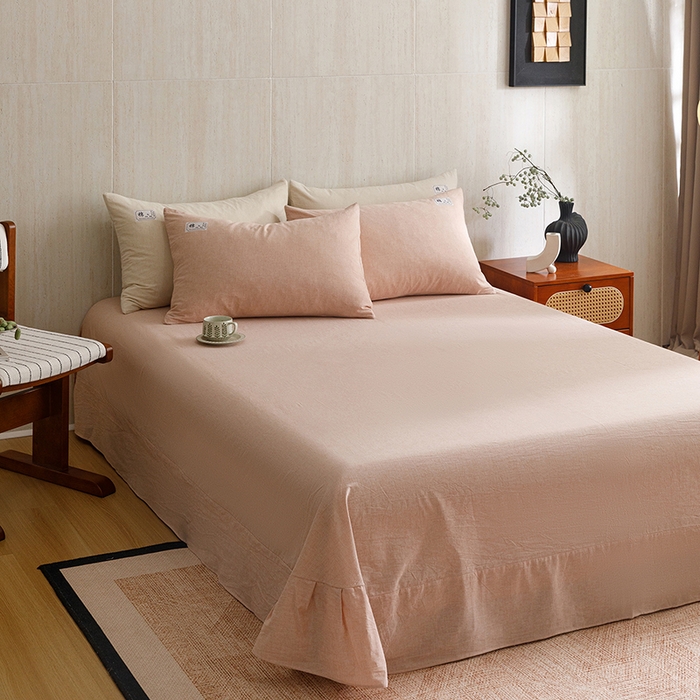 91家纺网 家纺一手货源 找家纺 悦然毛巾被 2026春夏新款A类全棉棉麻纯色四件套-山月素系列 山月素麻豆沙