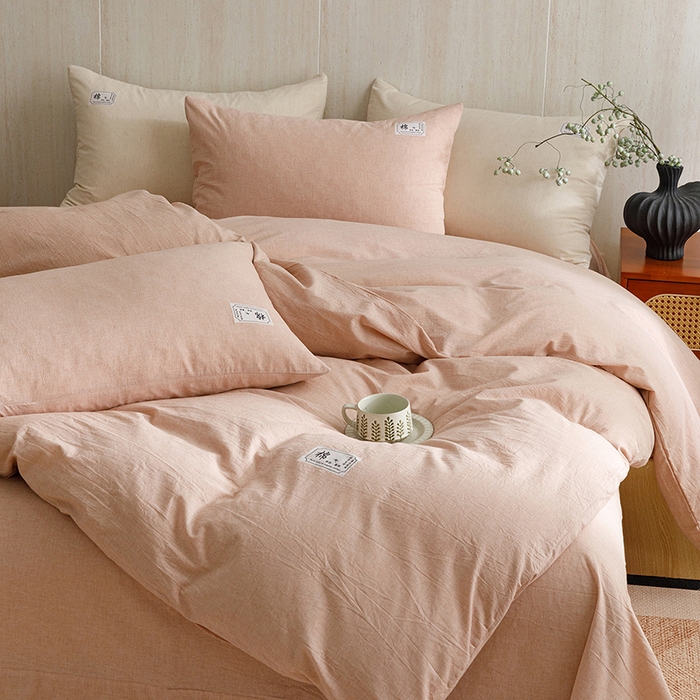 91家纺网 家纺一手货源 找家纺 悦然毛巾被 2026春夏新款A类全棉棉麻纯色四件套-山月素系列 山月素麻豆沙