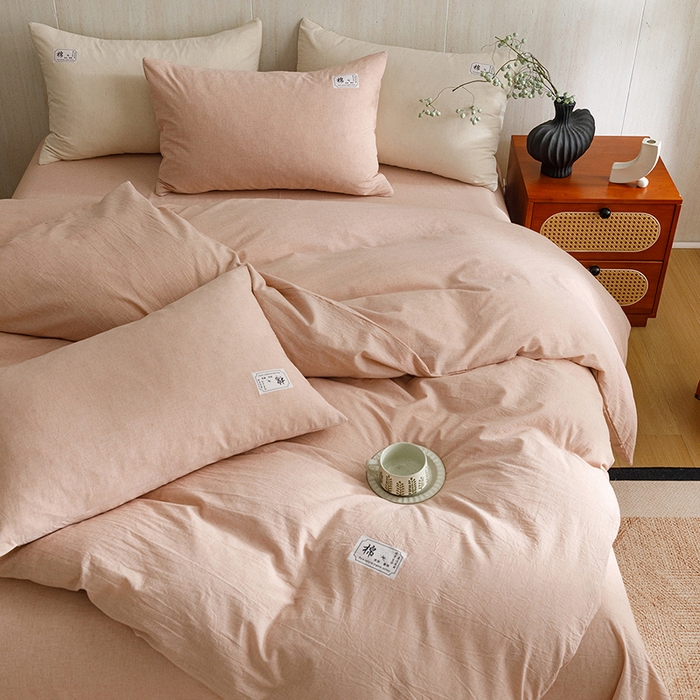 91家纺网 家纺一手货源 找家纺 悦然毛巾被 2026春夏新款A类全棉棉麻纯色四件套-山月素系列 山月素麻豆沙