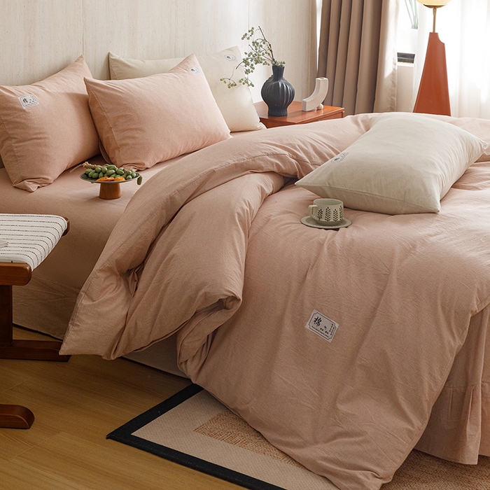 91家纺网 家纺一手货源 找家纺 悦然毛巾被 2026春夏新款A类全棉棉麻纯色四件套-山月素系列 山月素麻豆沙