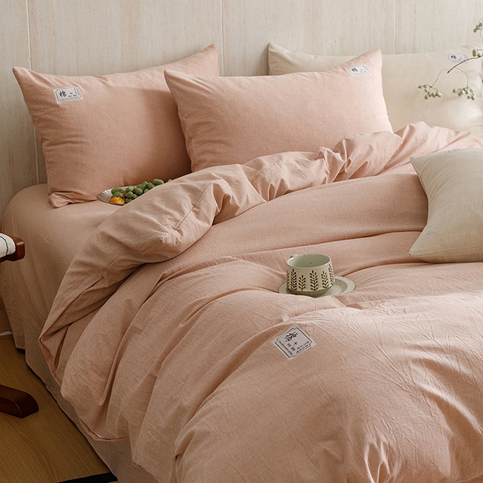 91家纺网 家纺一手货源 找家纺 悦然毛巾被 2026春夏新款A类全棉棉麻纯色四件套-山月素系列 山月素麻豆沙