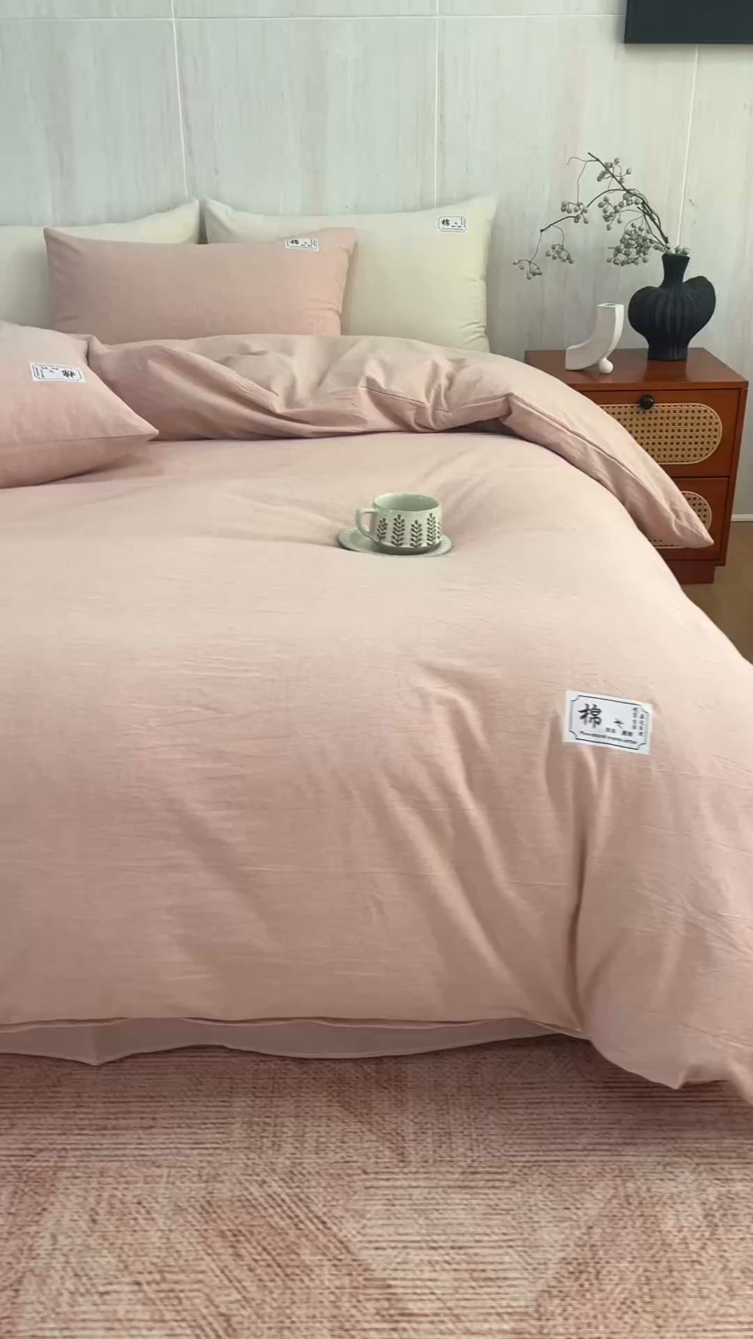91家纺网 家纺一手货源 找家纺 悦然毛巾被 2026春夏新款A类全棉棉麻纯色四件套-山月素系列 山月素麻豆沙