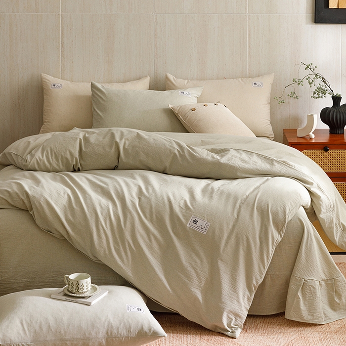 91家纺网 家纺一手货源 找家纺 悦然毛巾被 2026春夏新款A类全棉棉麻纯色四件套-山月素系列 山月素麻绿