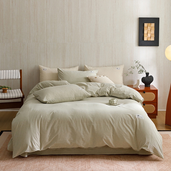 91家纺网 家纺一手货源 找家纺 悦然毛巾被 2026春夏新款A类全棉棉麻纯色四件套-山月素系列 山月素麻绿