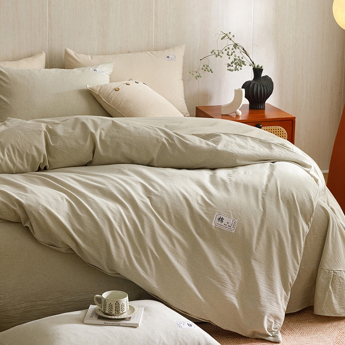 91家纺网 家纺一手货源 找家纺 悦然毛巾被 2026春夏新款A类全棉棉麻纯色四件套-山月素系列 山月素麻绿