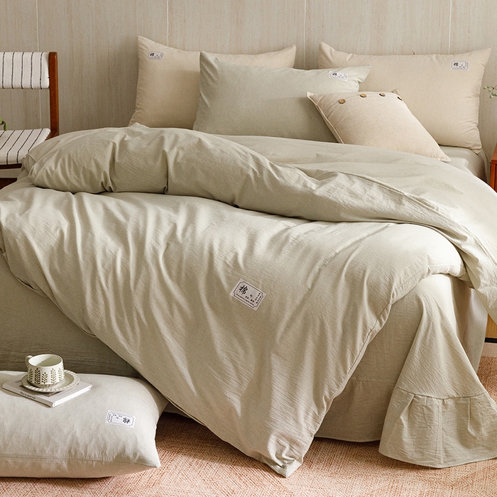 91家纺网 家纺一手货源 找家纺 悦然毛巾被 2026春夏新款A类全棉棉麻纯色四件套-山月素系列 山月素麻绿