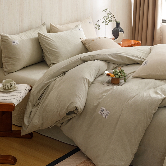 91家纺网 家纺一手货源 找家纺 悦然毛巾被 2026春夏新款A类全棉棉麻纯色四件套-山月素系列 山月素麻绿