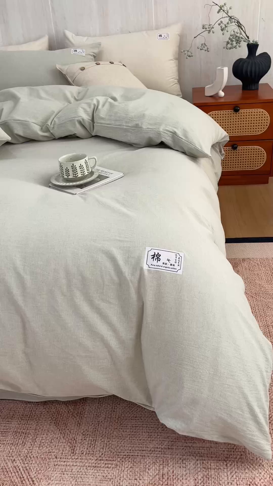 91家纺网 家纺一手货源 找家纺 悦然毛巾被 2026春夏新款A类全棉棉麻纯色四件套-山月素系列 山月素麻绿