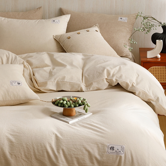 91家纺网 家纺一手货源 找家纺 悦然毛巾被 2026春夏新款A类全棉棉麻纯色四件套-山月素系列 山月素麻杏白