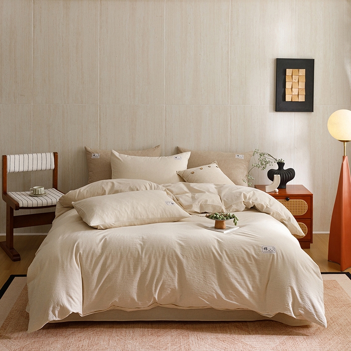 91家纺网 家纺一手货源 找家纺 悦然毛巾被 2026春夏新款A类全棉棉麻纯色四件套-山月素系列 山月素麻杏白