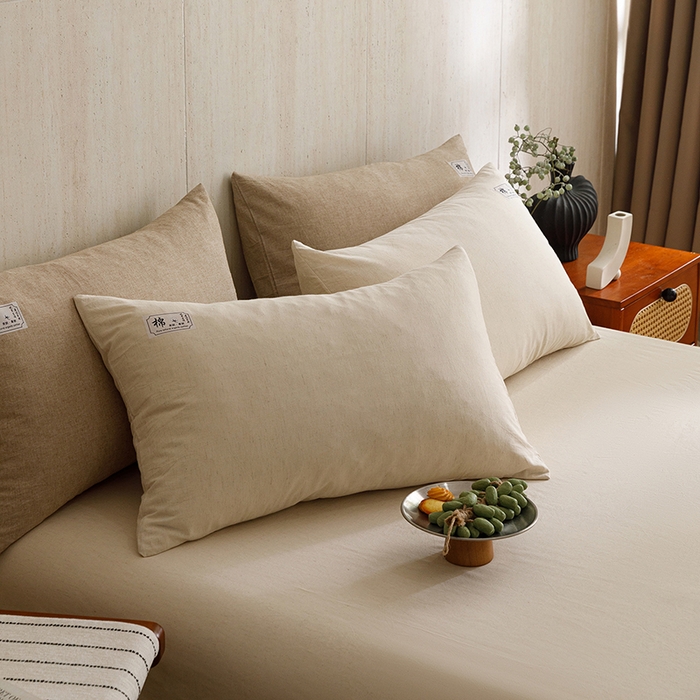 91家纺网 家纺一手货源 找家纺 悦然毛巾被 2026春夏新款A类全棉棉麻纯色四件套-山月素系列 山月素麻杏白