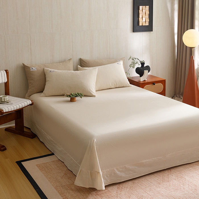 91家纺网 家纺一手货源 找家纺 悦然毛巾被 2026春夏新款A类全棉棉麻纯色四件套-山月素系列 山月素麻杏白