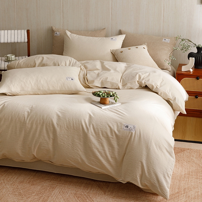 91家纺网 家纺一手货源 找家纺 悦然毛巾被 2026春夏新款A类全棉棉麻纯色四件套-山月素系列 山月素麻杏白