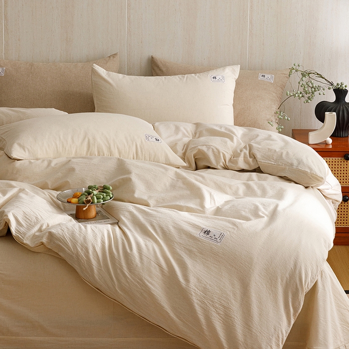 91家纺网 家纺一手货源 找家纺 悦然毛巾被 2026春夏新款A类全棉棉麻纯色四件套-山月素系列 山月素麻杏白