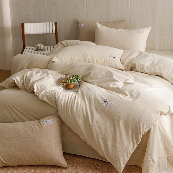 91家纺网 家纺一手货源 找家纺 悦然毛巾被 2026春夏新款A类全棉棉麻纯色四件套-山月素系列 山月素麻杏白