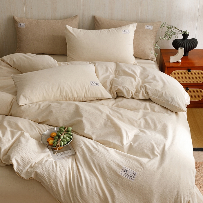 91家纺网 家纺一手货源 找家纺 悦然毛巾被 2026春夏新款A类全棉棉麻纯色四件套-山月素系列 山月素麻杏白