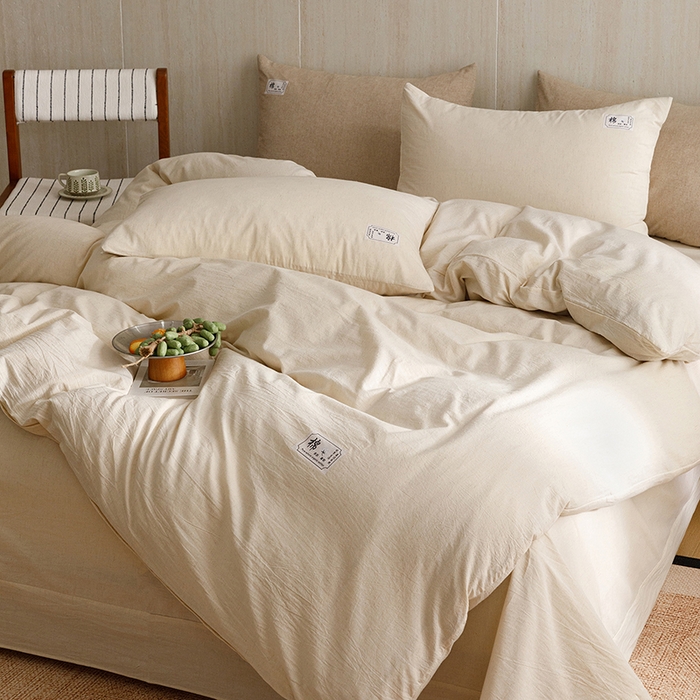91家纺网 家纺一手货源 找家纺 悦然毛巾被 2026春夏新款A类全棉棉麻纯色四件套-山月素系列 山月素麻杏白