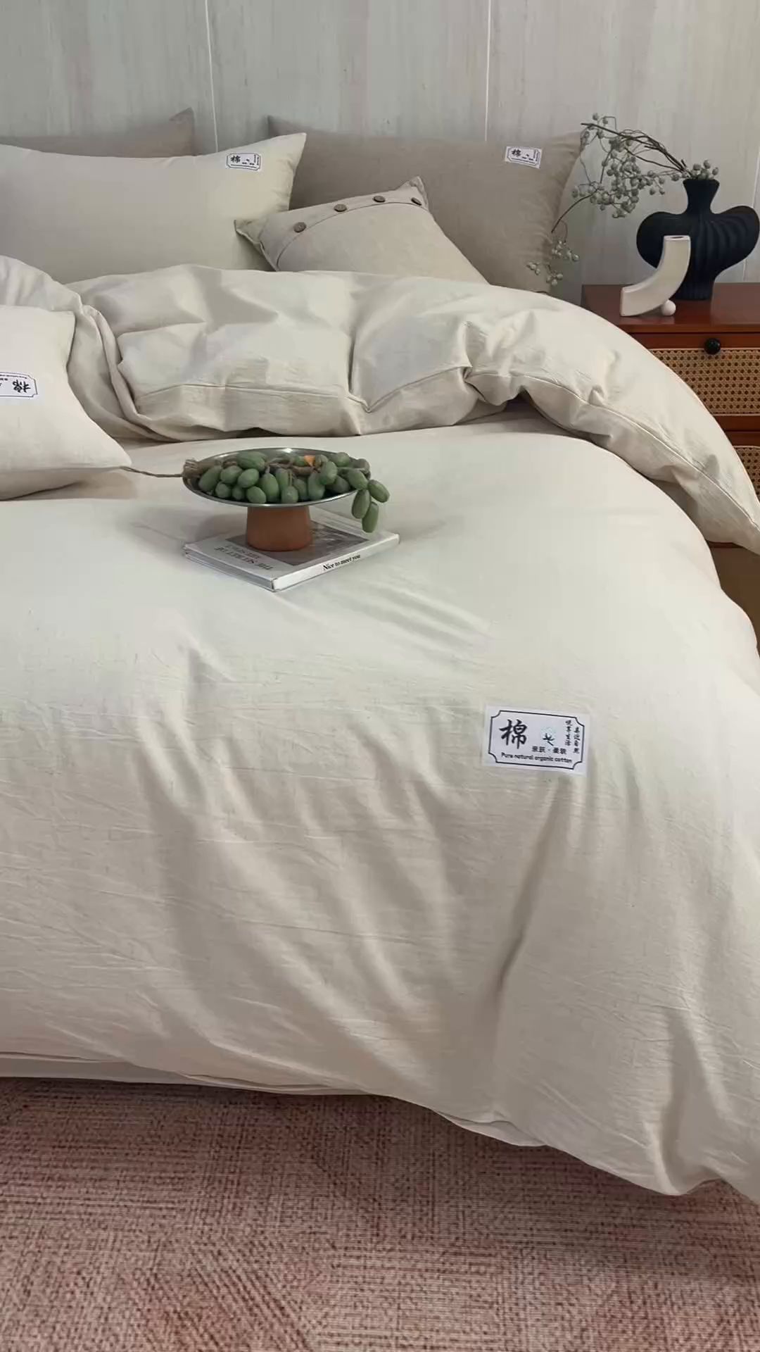 91家纺网 家纺一手货源 找家纺 悦然毛巾被 2026春夏新款A类全棉棉麻纯色四件套-山月素系列 山月素麻杏白