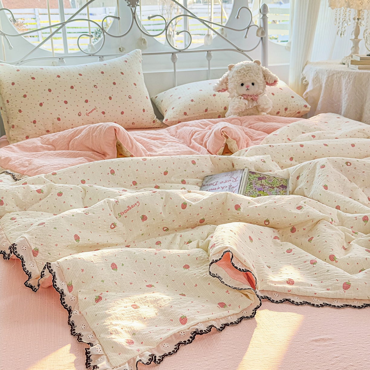 91家纺网 家纺一手货源 找家纺 （总）眠势力 2026新款泡芙纱夏被四件套全棉花边空调被夏凉被薄被子