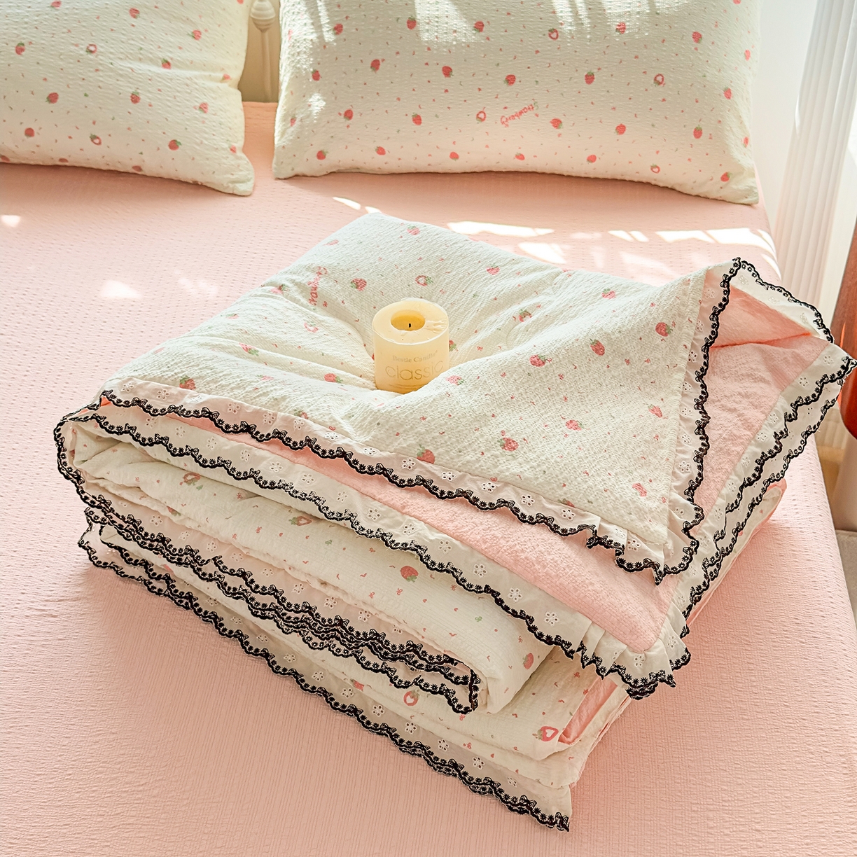 91家纺网 家纺一手货源 找家纺 （总）眠势力 2026新款泡芙纱夏被四件套全棉花边空调被夏凉被薄被子