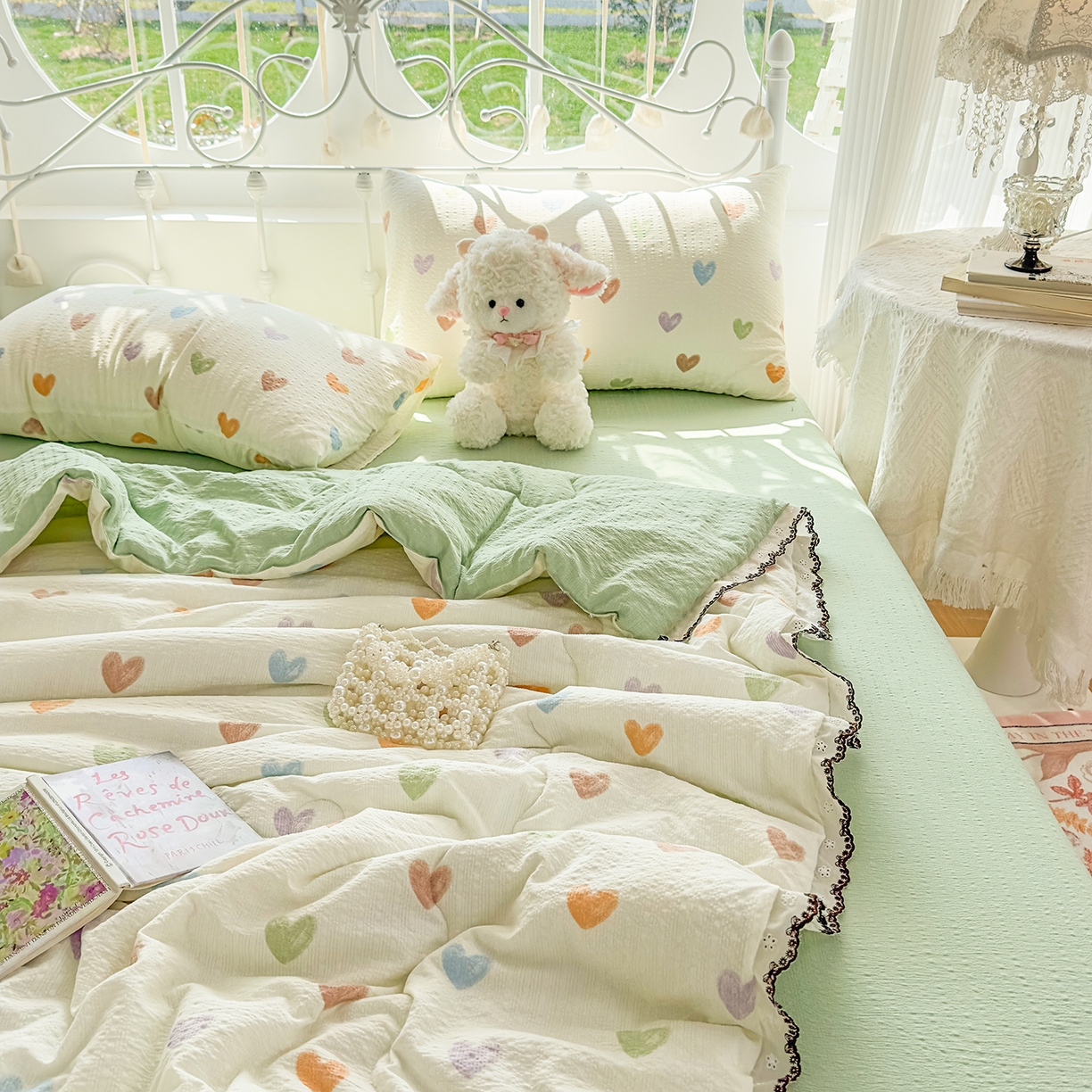 眠势力 2026新款泡芙纱夏被四件套全棉花边空调被夏凉被薄被子 彩色爱心