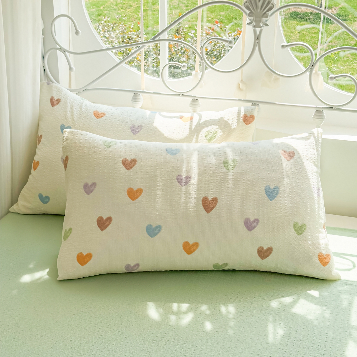 91家纺网 家纺一手货源 找家纺 眠势力 2026新款泡芙纱夏被四件套全棉花边空调被夏凉被薄被子 彩色爱心