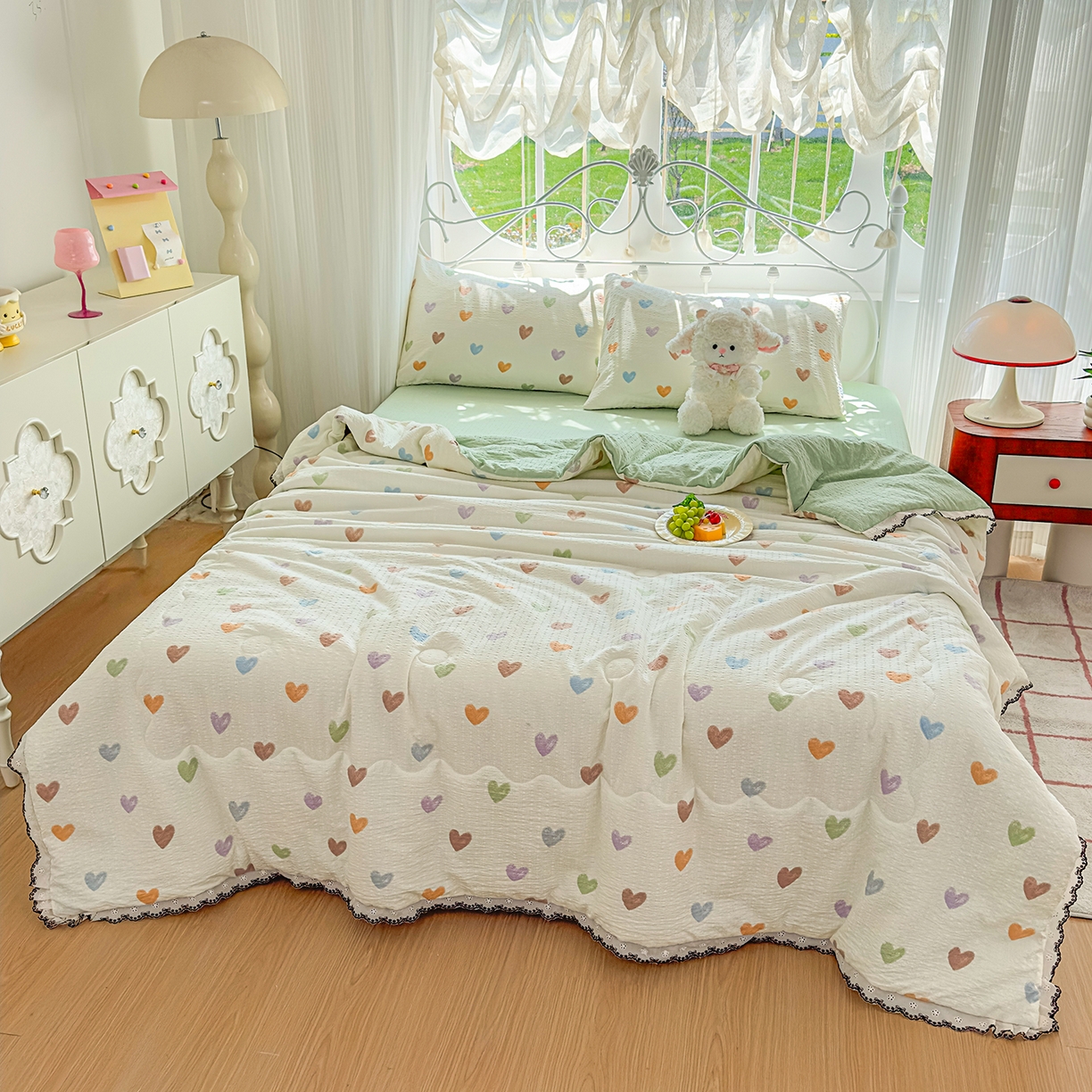 91家纺网 家纺一手货源 找家纺 眠势力 2026新款泡芙纱夏被四件套全棉花边空调被夏凉被薄被子 彩色爱心