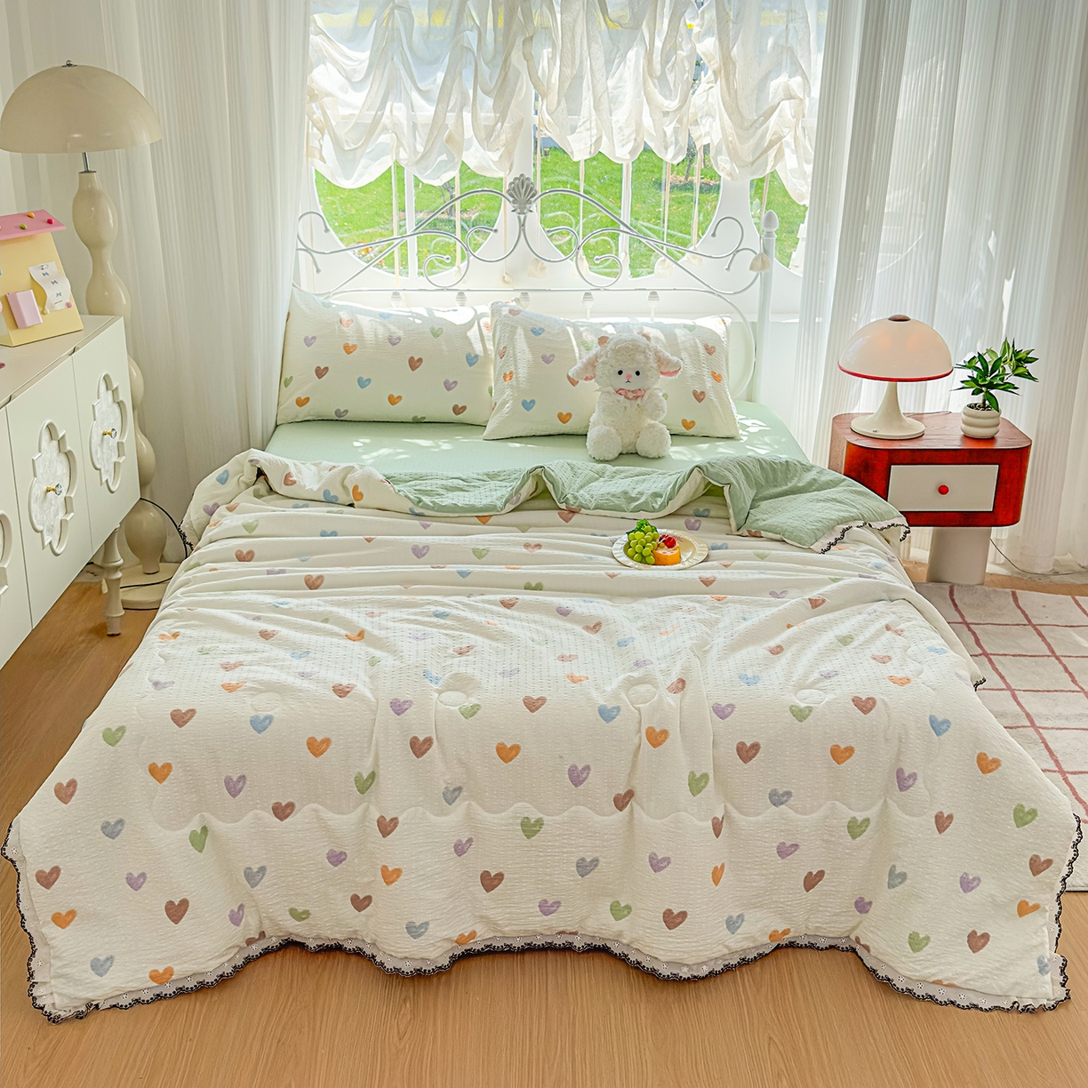91家纺网 家纺一手货源 找家纺 眠势力 2026新款泡芙纱夏被四件套全棉花边空调被夏凉被薄被子 彩色爱心