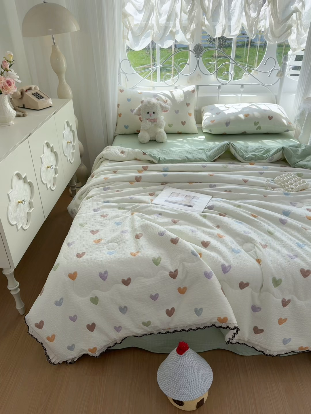91家纺网 家纺一手货源 找家纺 眠势力 2026新款泡芙纱夏被四件套全棉花边空调被夏凉被薄被子 彩色爱心