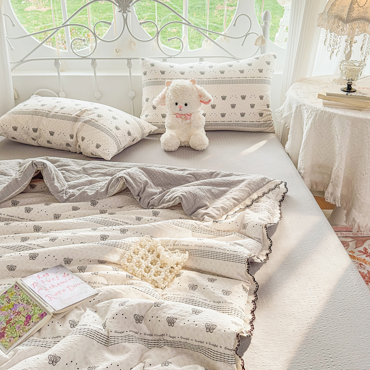 眠势力 2026新款泡芙纱夏被四件套全棉花边空调被夏凉被薄被子 蝶语