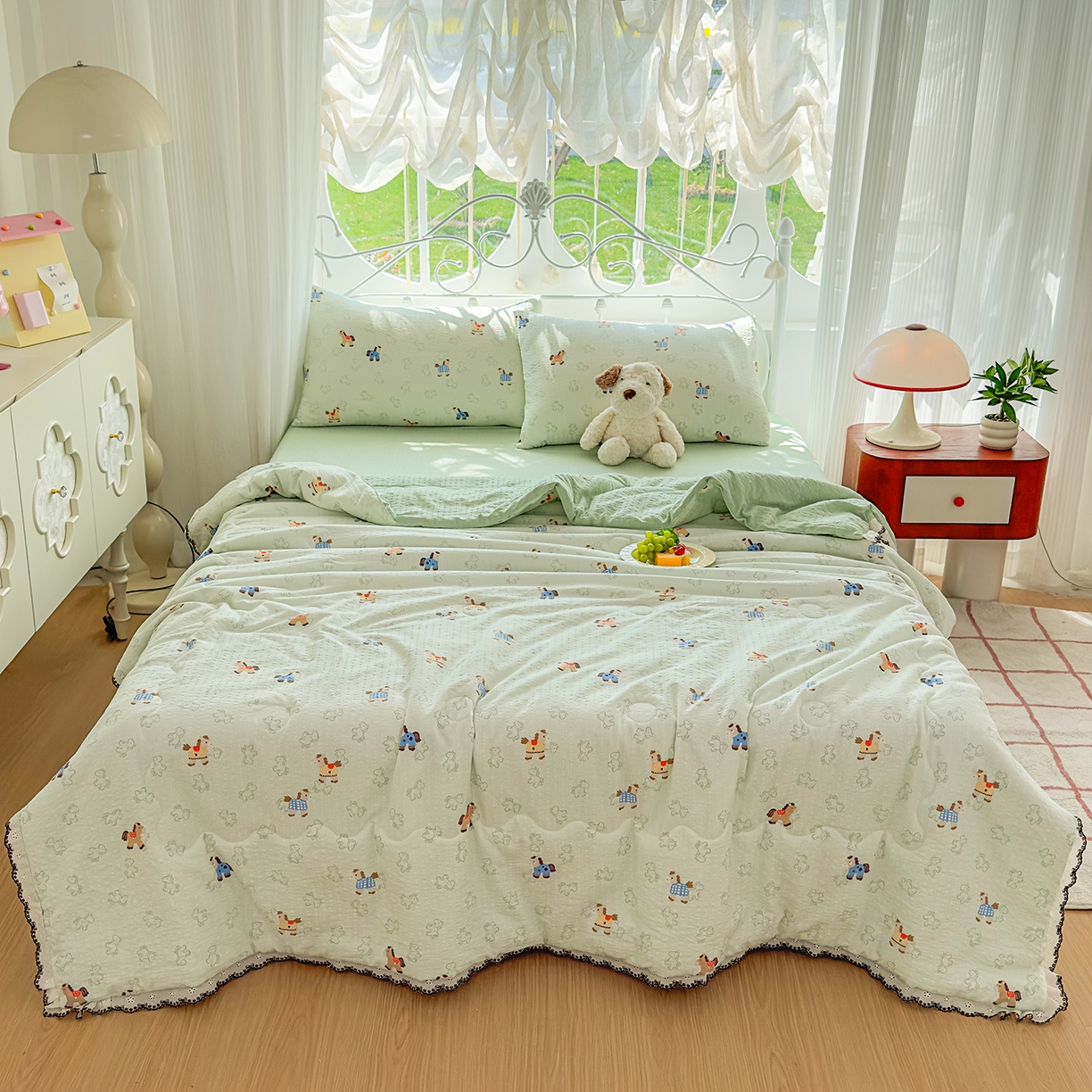 91家纺网 家纺一手货源 找家纺 眠势力 2026新款泡芙纱夏被四件套全棉花边空调被夏凉被薄被子 飞飞马