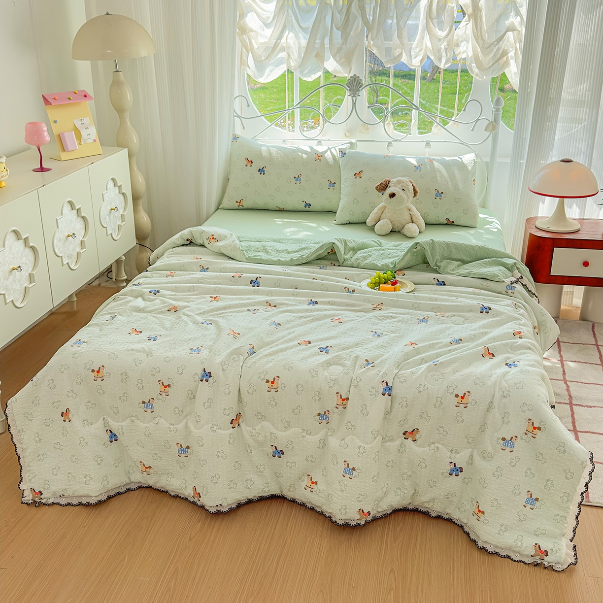 91家纺网 家纺一手货源 找家纺 眠势力 2026新款泡芙纱夏被四件套全棉花边空调被夏凉被薄被子 飞飞马