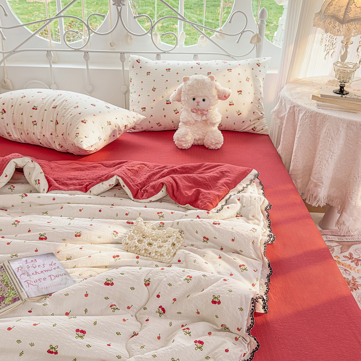 眠势力 2026新款泡芙纱夏被四件套全棉花边空调被夏凉被薄被子 红果