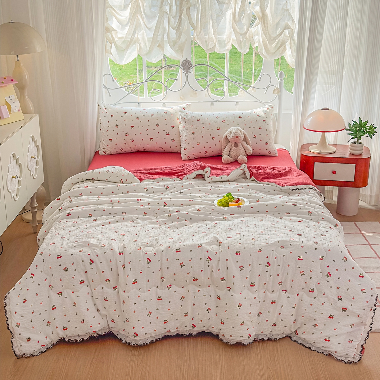 91家纺网 家纺一手货源 找家纺 眠势力 2026新款泡芙纱夏被四件套全棉花边空调被夏凉被薄被子 红果