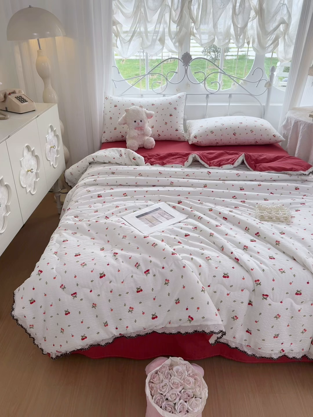 91家纺网 家纺一手货源 找家纺 眠势力 2026新款泡芙纱夏被四件套全棉花边空调被夏凉被薄被子 红果