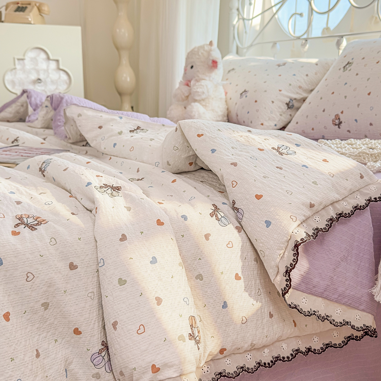 91家纺网 家纺一手货源 找家纺 眠势力 2026新款泡芙纱夏被四件套全棉花边空调被夏凉被薄被子 泡芙甜心