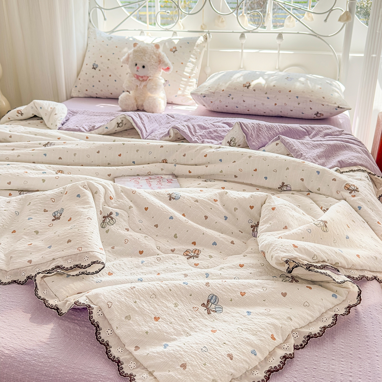 91家纺网 家纺一手货源 找家纺 眠势力 2026新款泡芙纱夏被四件套全棉花边空调被夏凉被薄被子 泡芙甜心