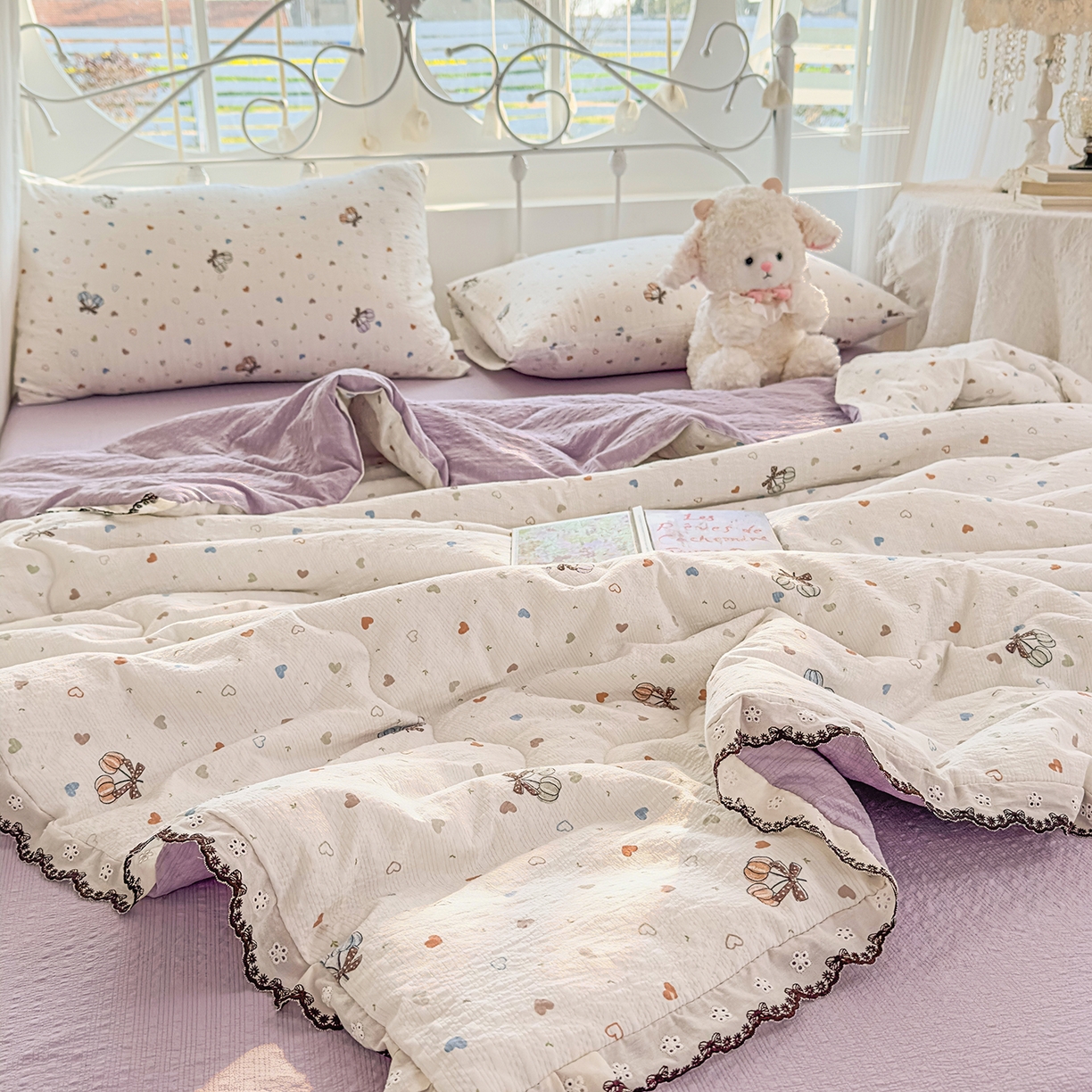 91家纺网 家纺一手货源 找家纺 眠势力 2026新款泡芙纱夏被四件套全棉花边空调被夏凉被薄被子 泡芙甜心