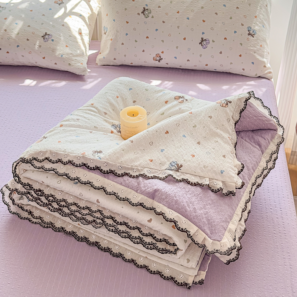 91家纺网 家纺一手货源 找家纺 眠势力 2026新款泡芙纱夏被四件套全棉花边空调被夏凉被薄被子 泡芙甜心