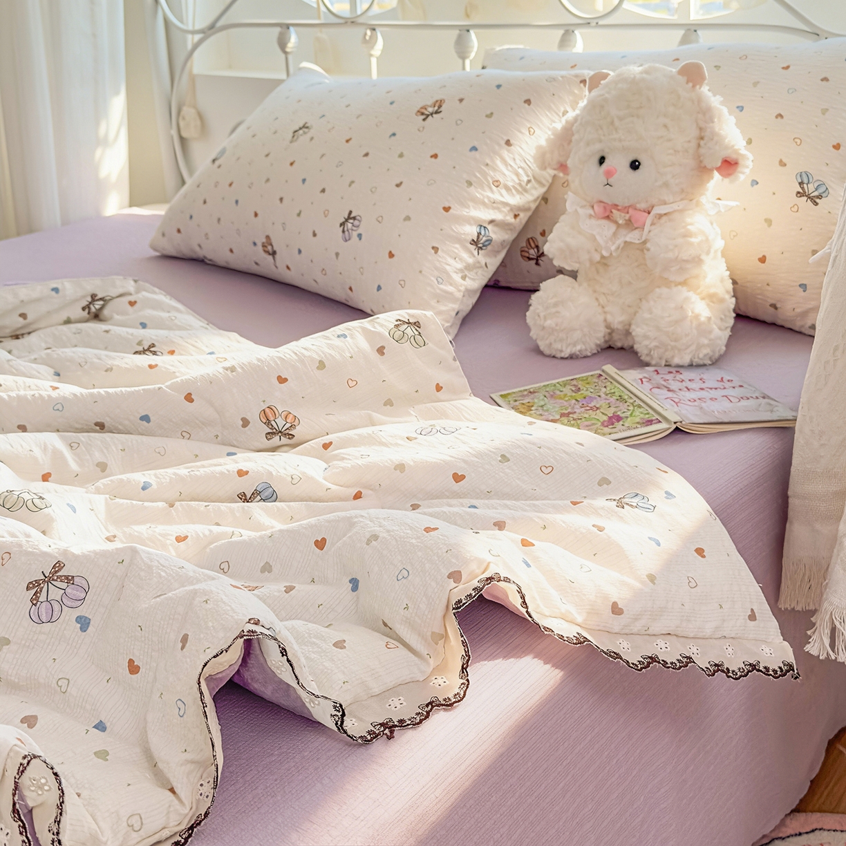 91家纺网 家纺一手货源 找家纺 眠势力 2026新款泡芙纱夏被四件套全棉花边空调被夏凉被薄被子 泡芙甜心