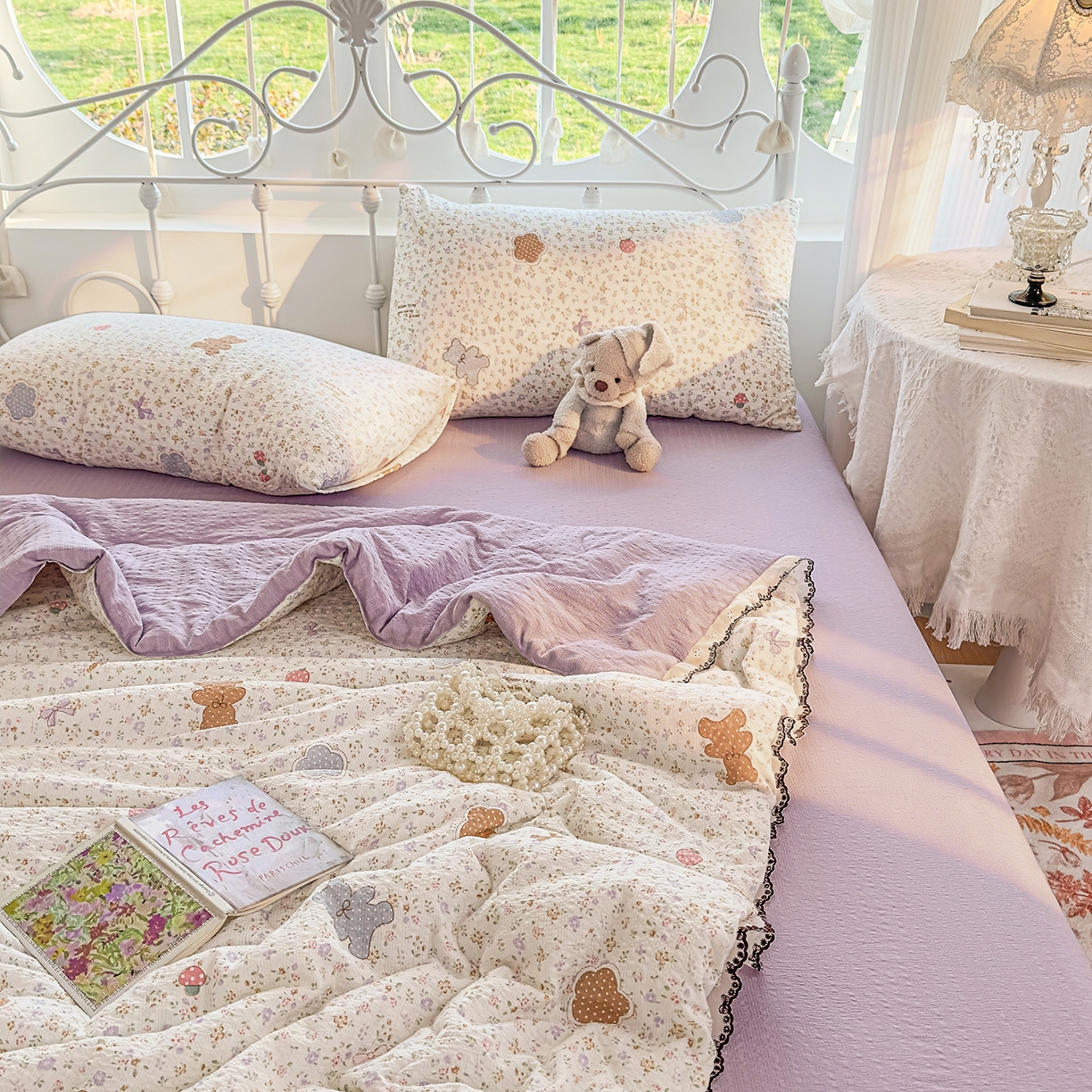 眠势力 2026新款泡芙纱夏被四件套全棉花边空调被夏凉被薄被子 曲奇小熊