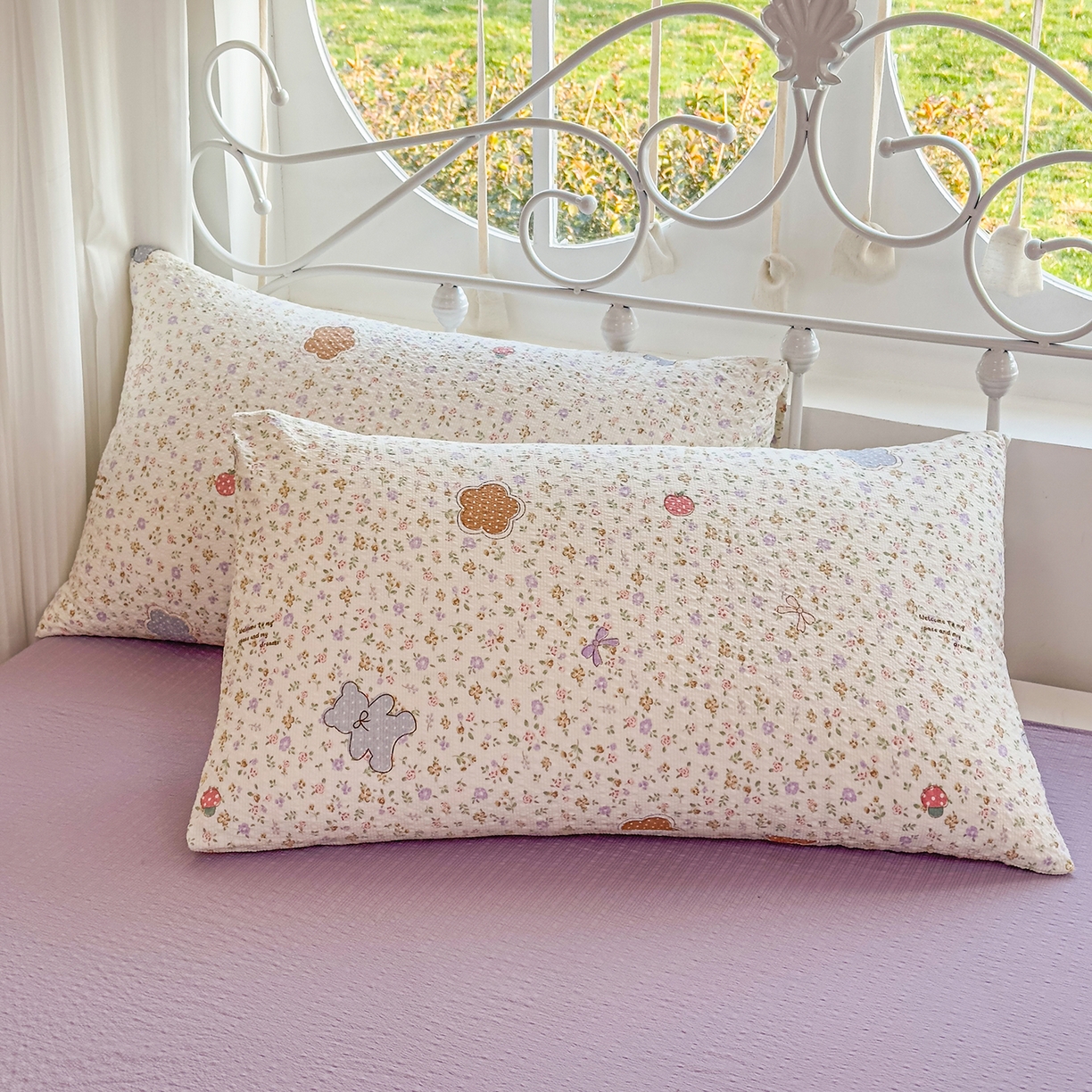 91家纺网 家纺一手货源 找家纺 眠势力 2026新款泡芙纱夏被四件套全棉花边空调被夏凉被薄被子 曲奇小熊