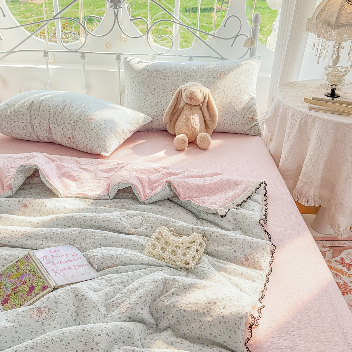 眠势力 2026新款泡芙纱夏被四件套全棉花边空调被夏凉被薄被子 兔小妹